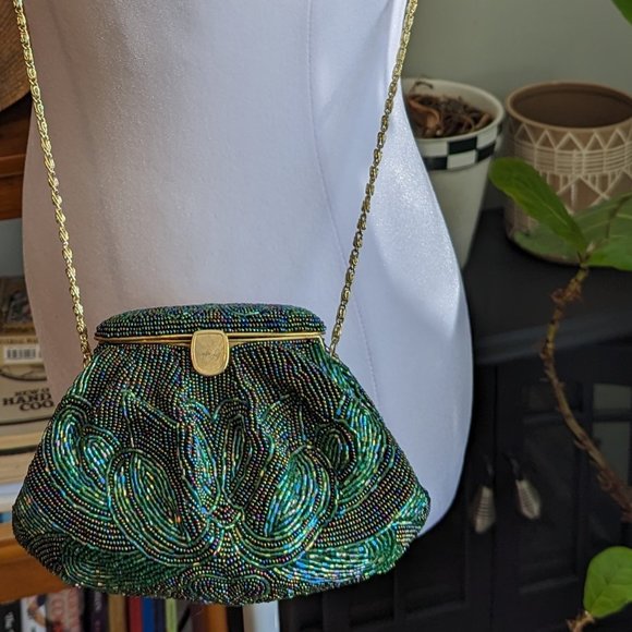 VINTAGE Green Beaded Mini Bag Shoulder Crossbody Clutch Convertible - Picture 7 of 16